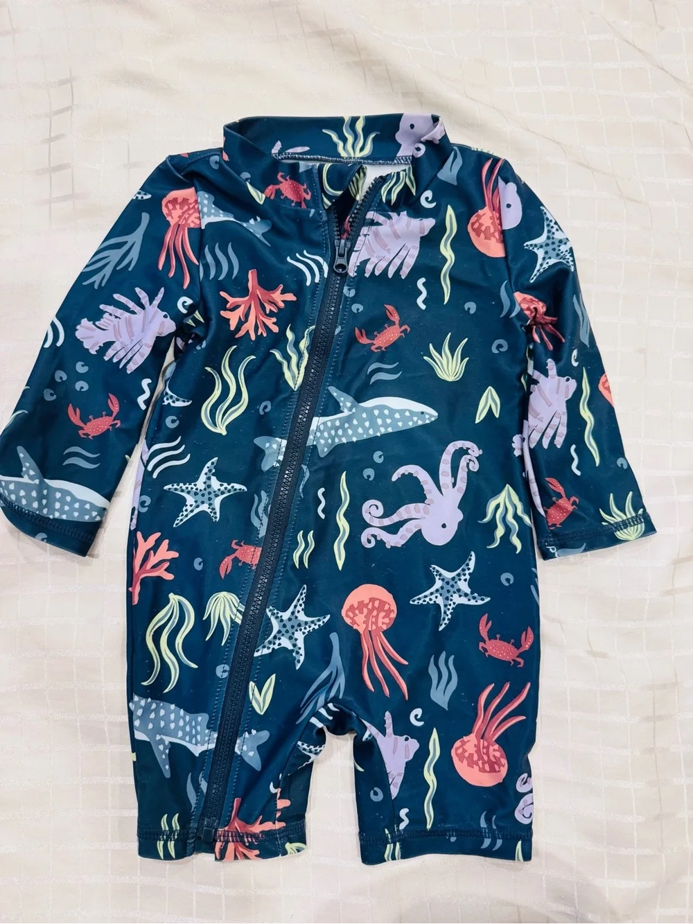 Carter's Navy One-Piece Rash Guard with Coral & Lilac Ocean Print